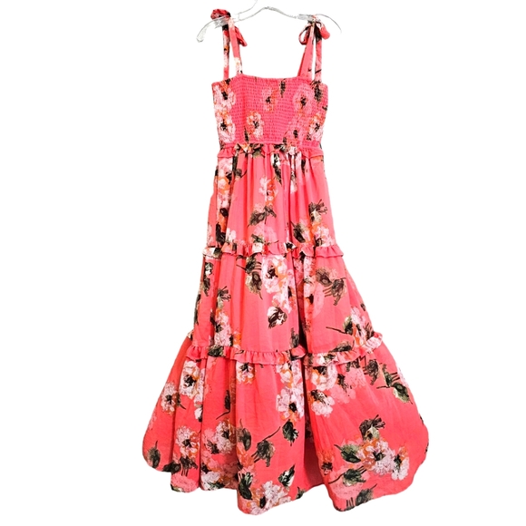 Nwot Stylish Nature Coral Pink Floral Smocked Elastic Bodice Tiered Maxi… - Picture 7 of 15